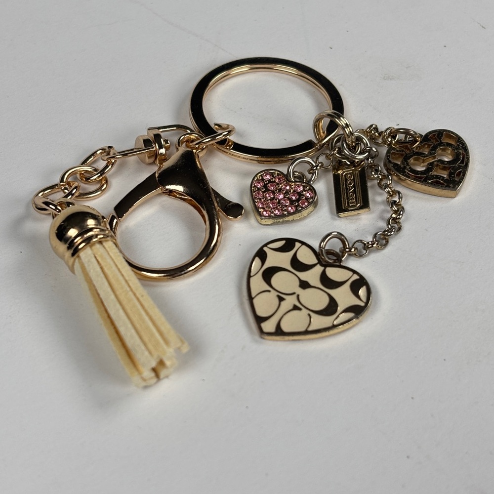 Coach Gold & Cream Heart Key Holder. Bag charms, tassel, enamel, pink crystals